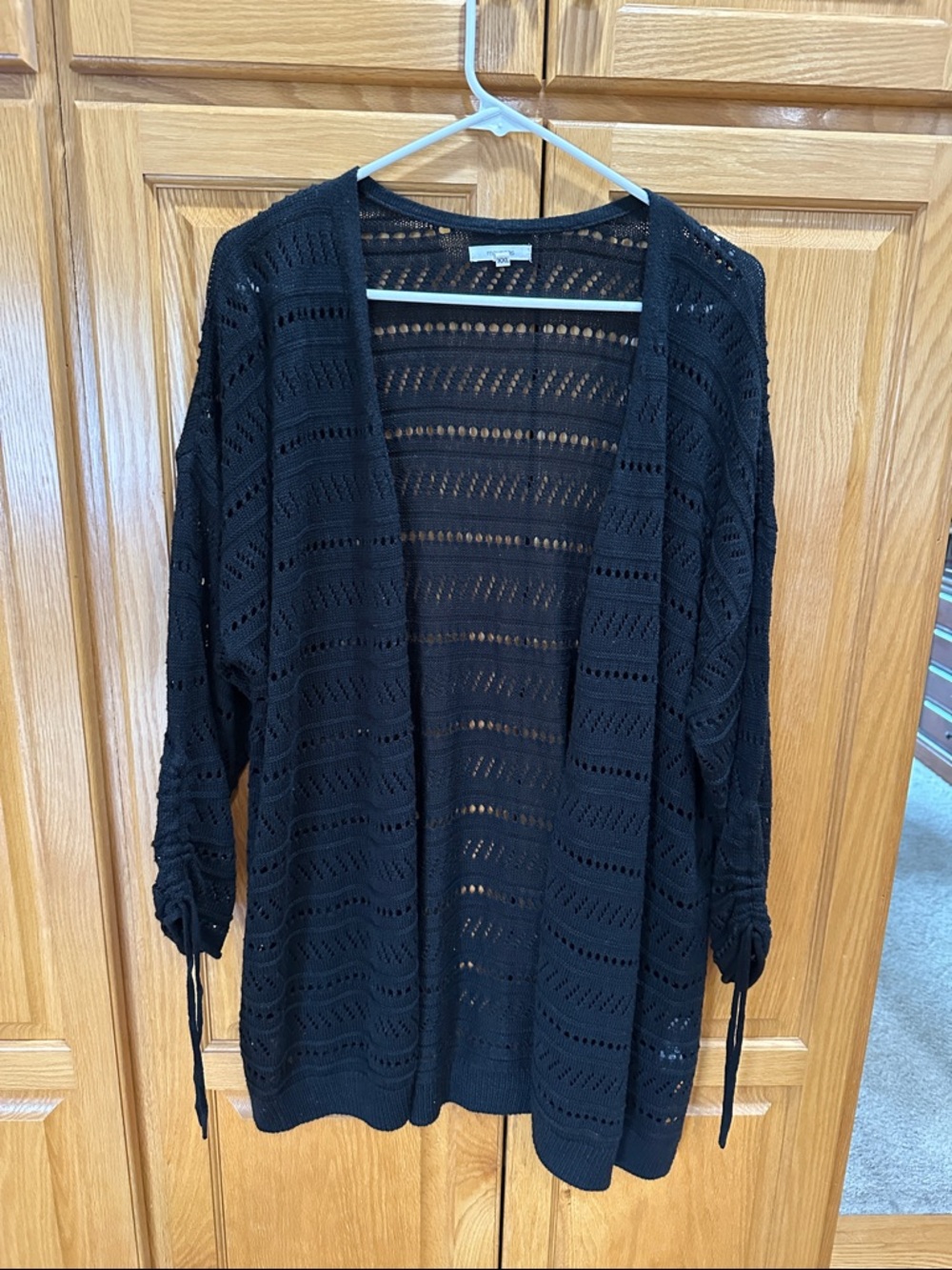 Maurices Black Open-Knit Cardigan with Ruched Tie Sleeves